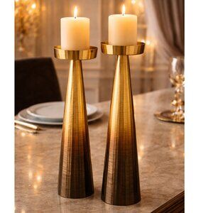 NWT Set of 2 Luxury Textured Hammered Pillar Candle Holders Ombre Gold Brown